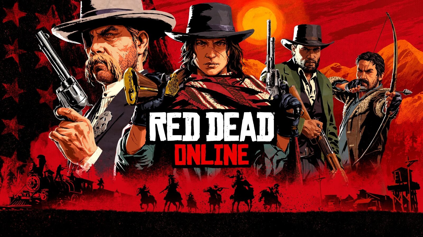 Red Dead Online key art: four armed outlaws in front of a red sunset