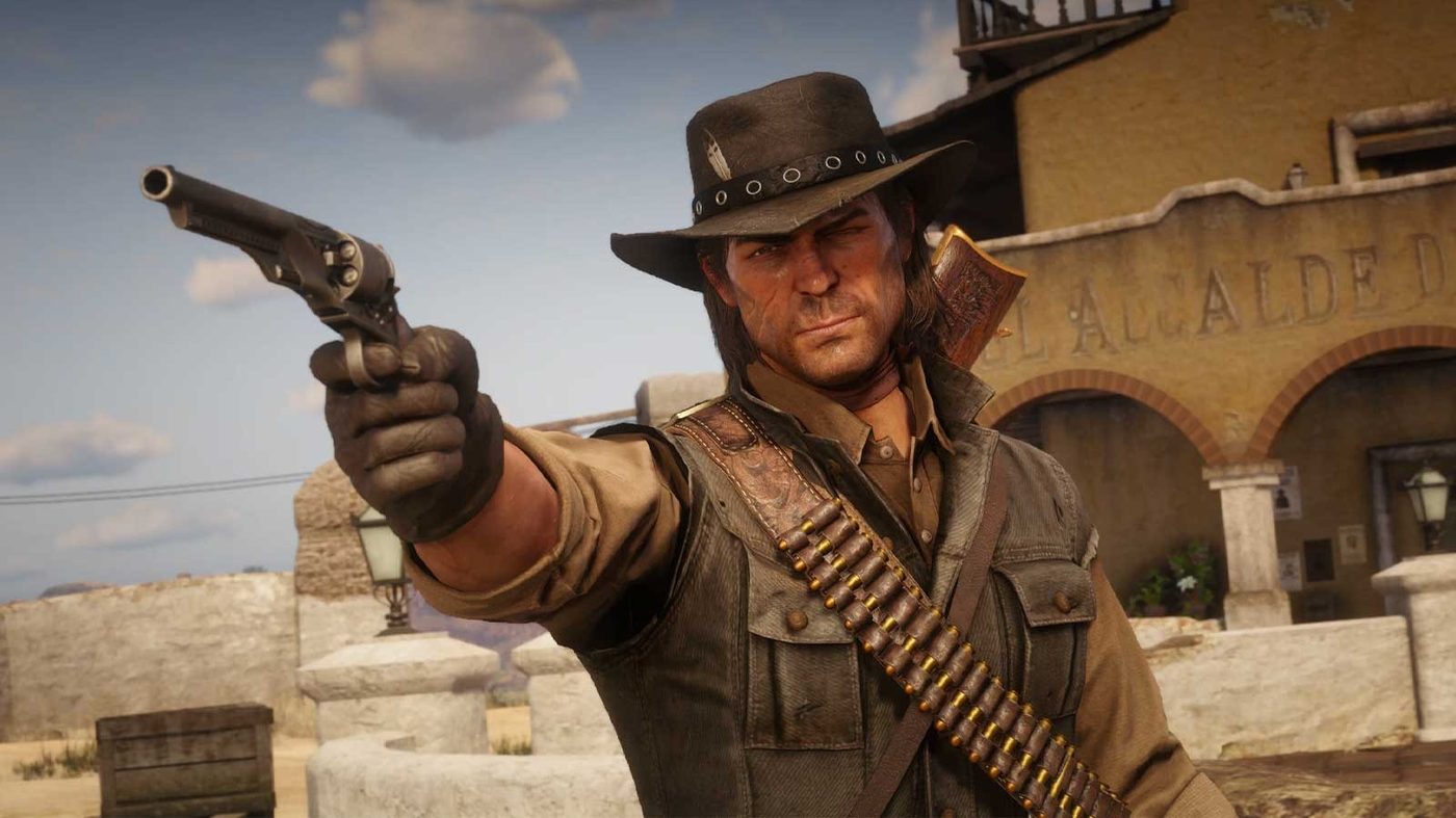 John Marston drawing a revolver outside the alcalde's building in a Mexican town, in the Nuevo Paraíso mod
