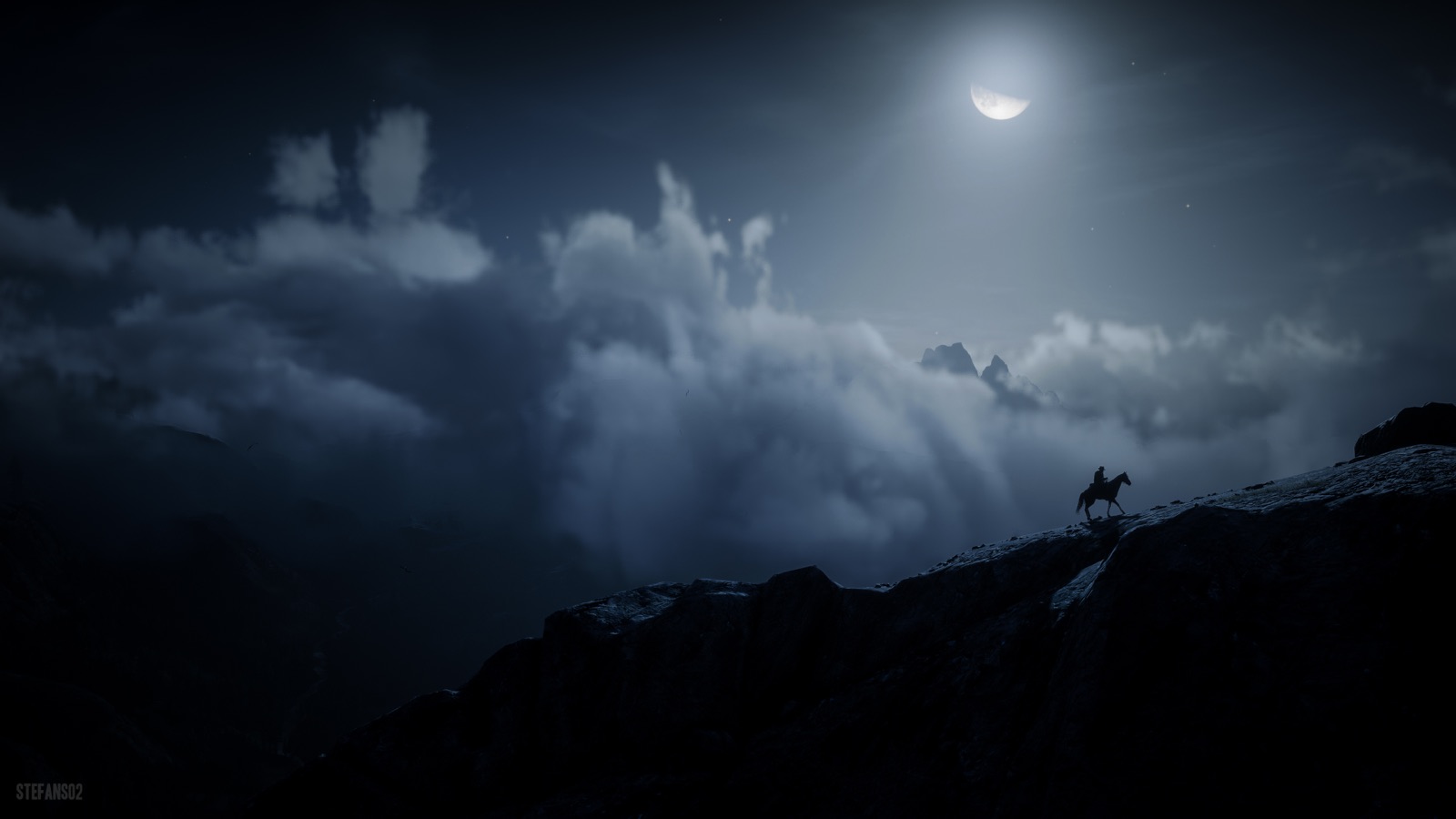 A lone rider under moonlight in the mountains
