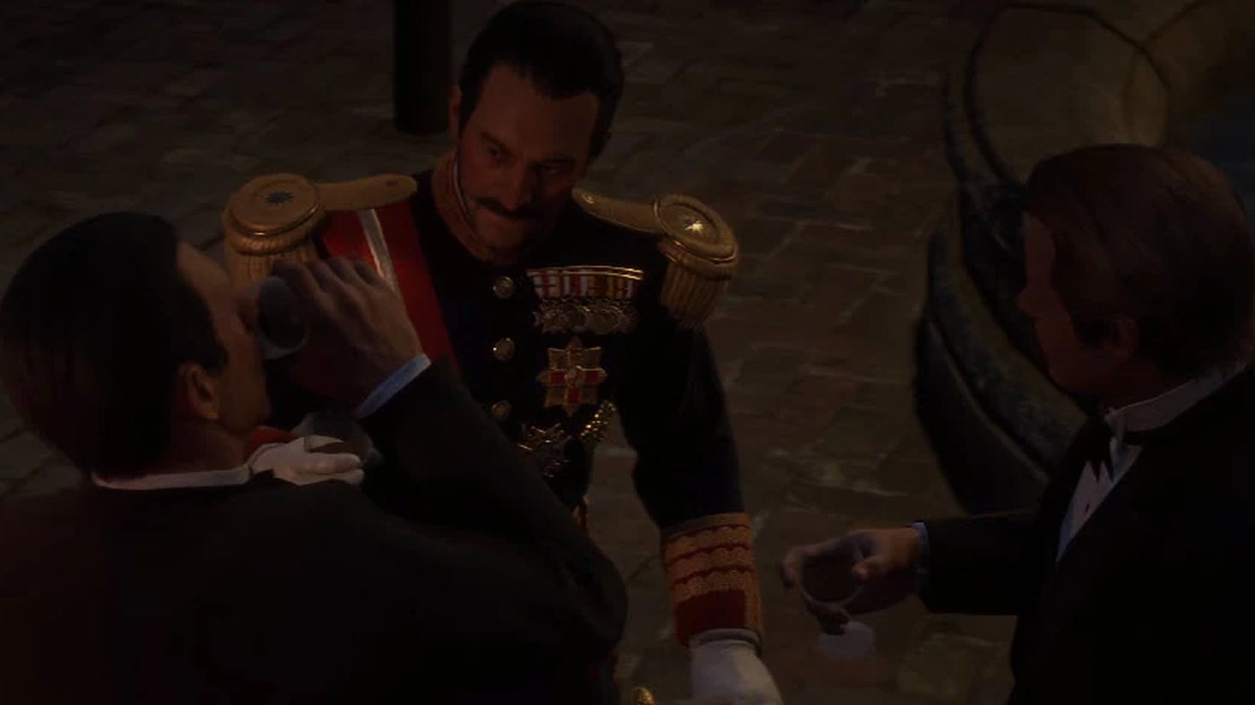 Fussar in a uniform with medals among guests