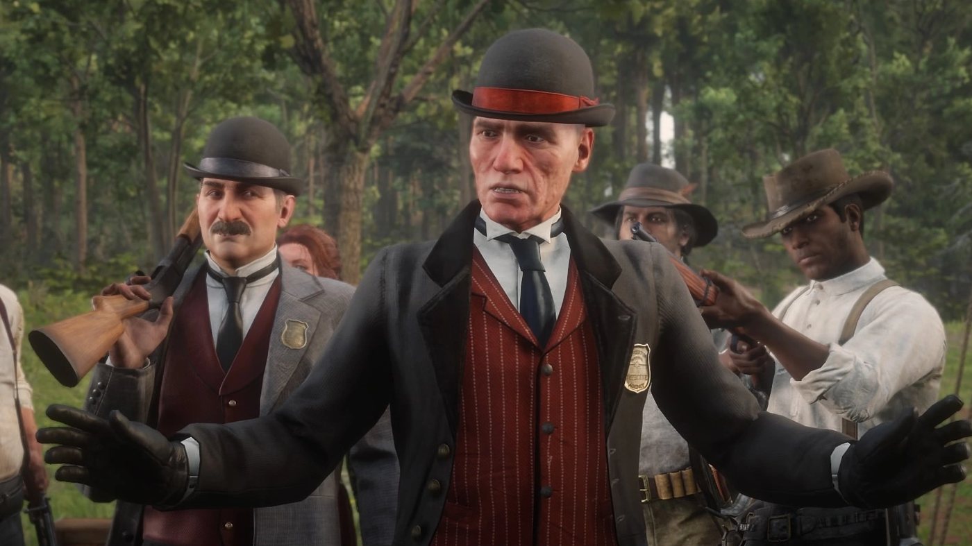 Two agents facing armed men