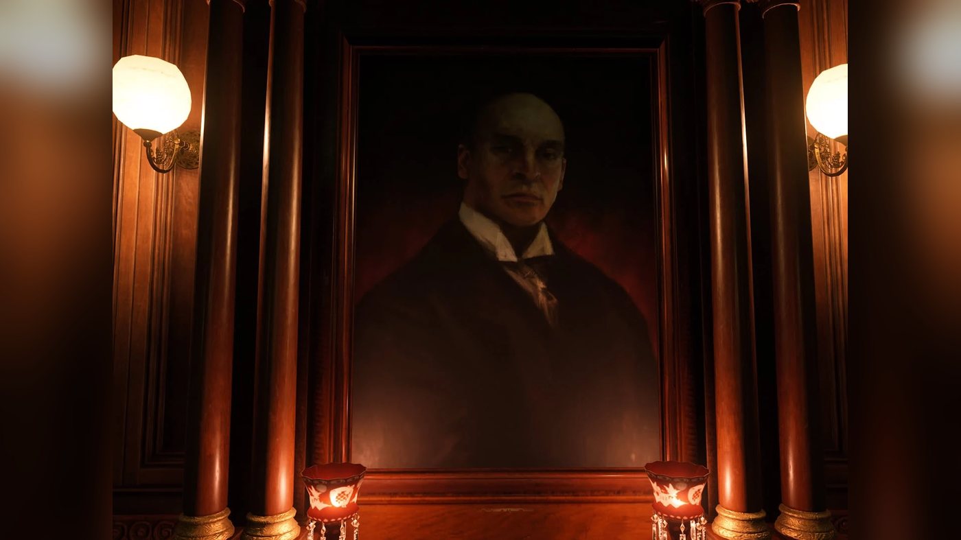 Painted portrait of Bronte above a fireplace