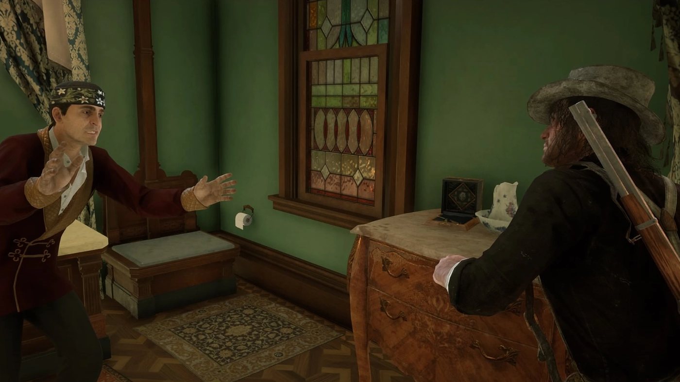 Bronte, hands spread, in a green bathroom