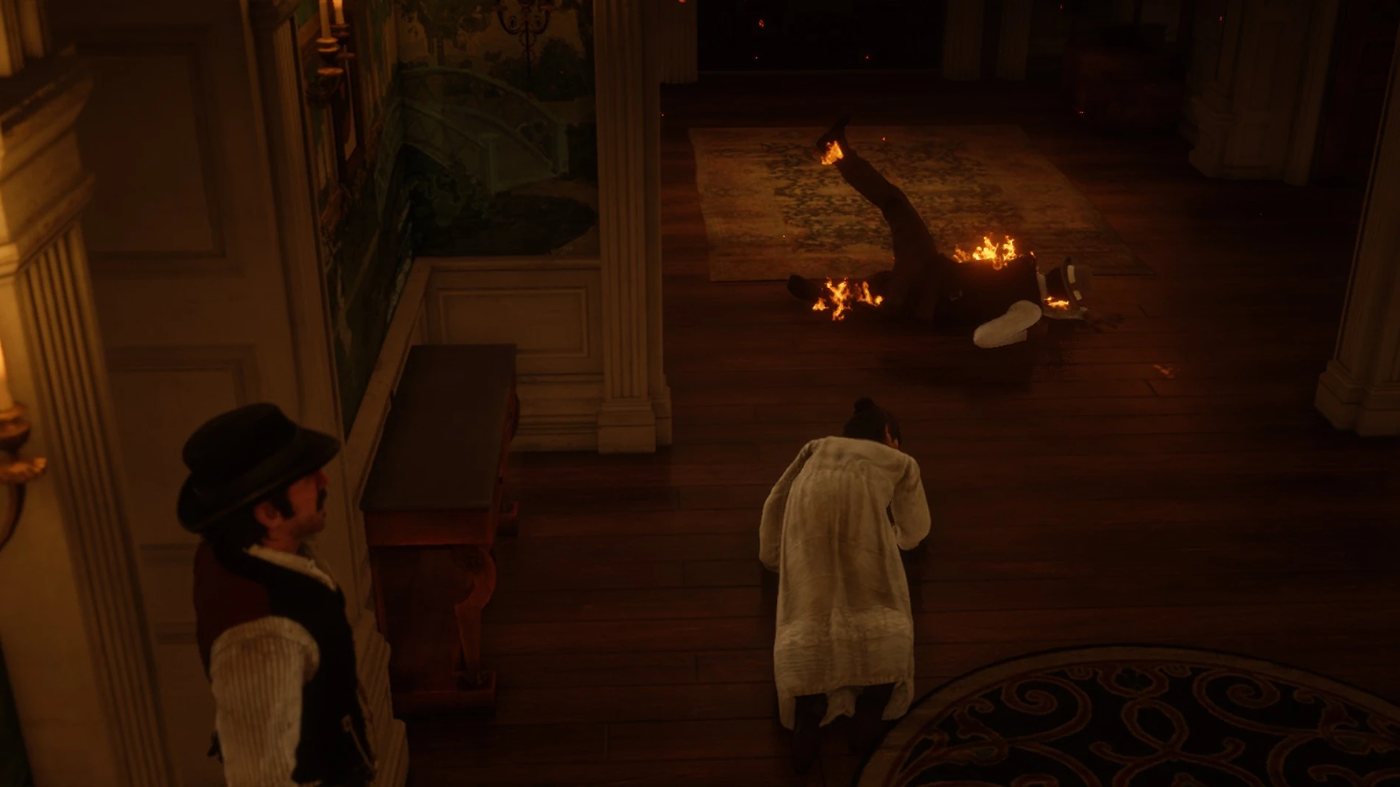 Catherine in a nightgown on the floor of a burning room, Dutch on the stairs