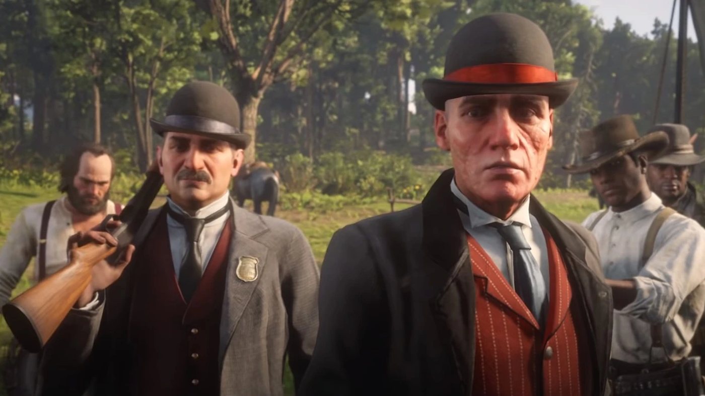 Two agents facing armed men at a camp