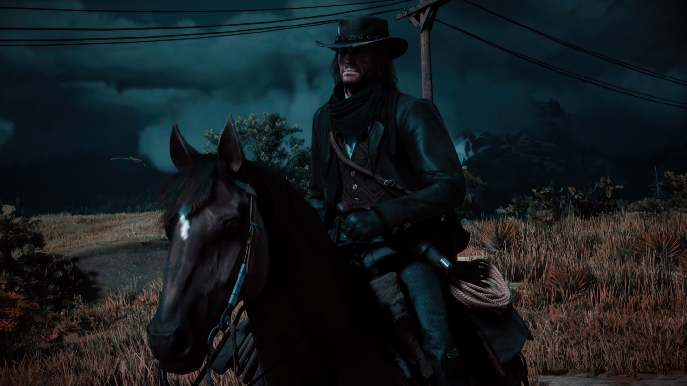 John Marston chevauchant dans la nature au crépuscule