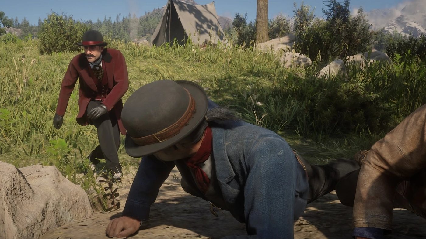 Trelawny crouching near Arthur and another man