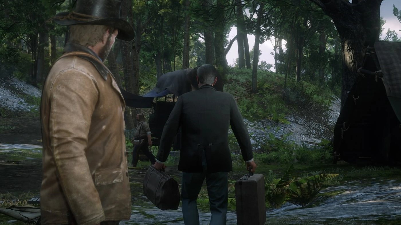 Trelawny walking away with a suitcase