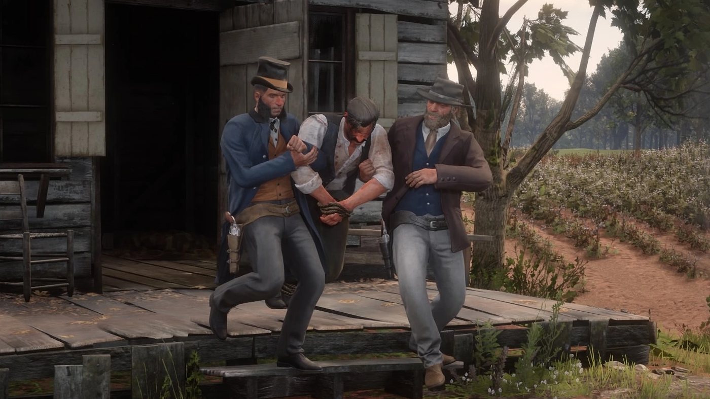 Three men carrying Trelawny