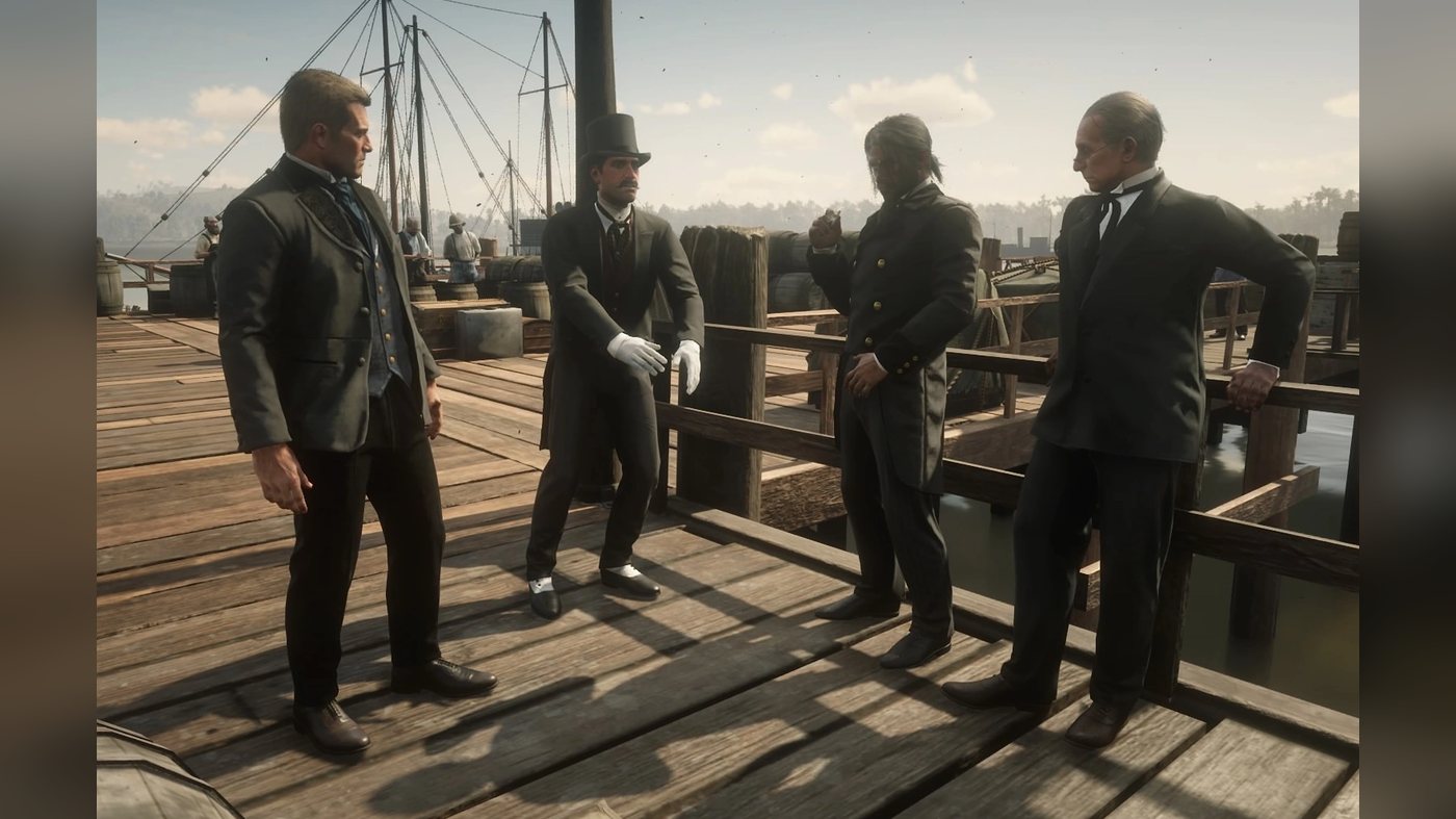Arthur, Trelawny, Javier and Strauss on a dock