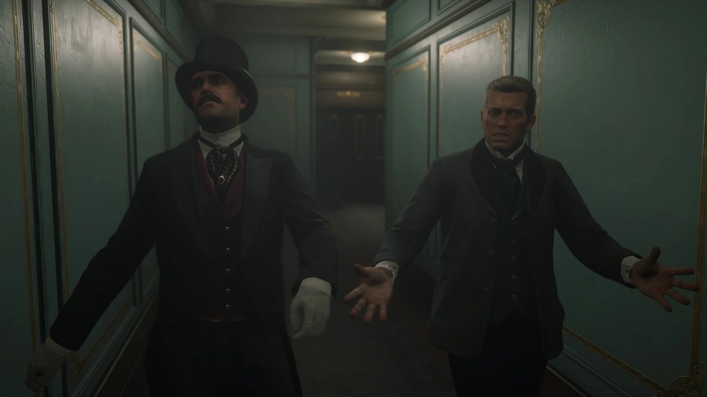Trelawny and Arthur in a riverboat corridor