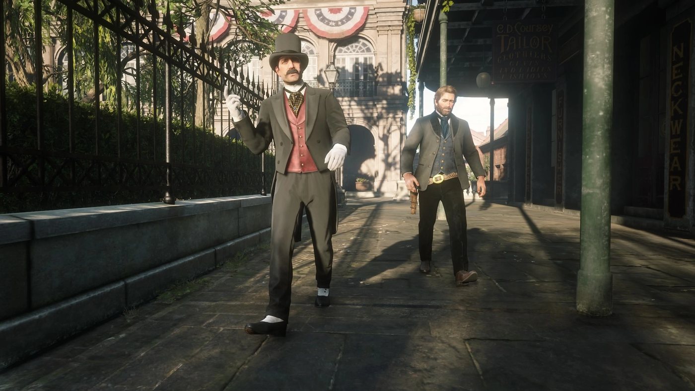 Trelawny and Arthur walking in a city street