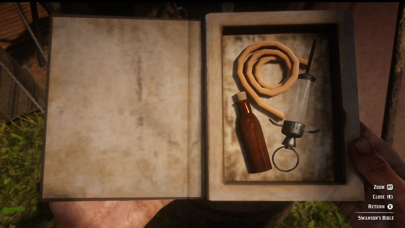 Reverend Swanson's hollowed bible hiding morphine and alcohol