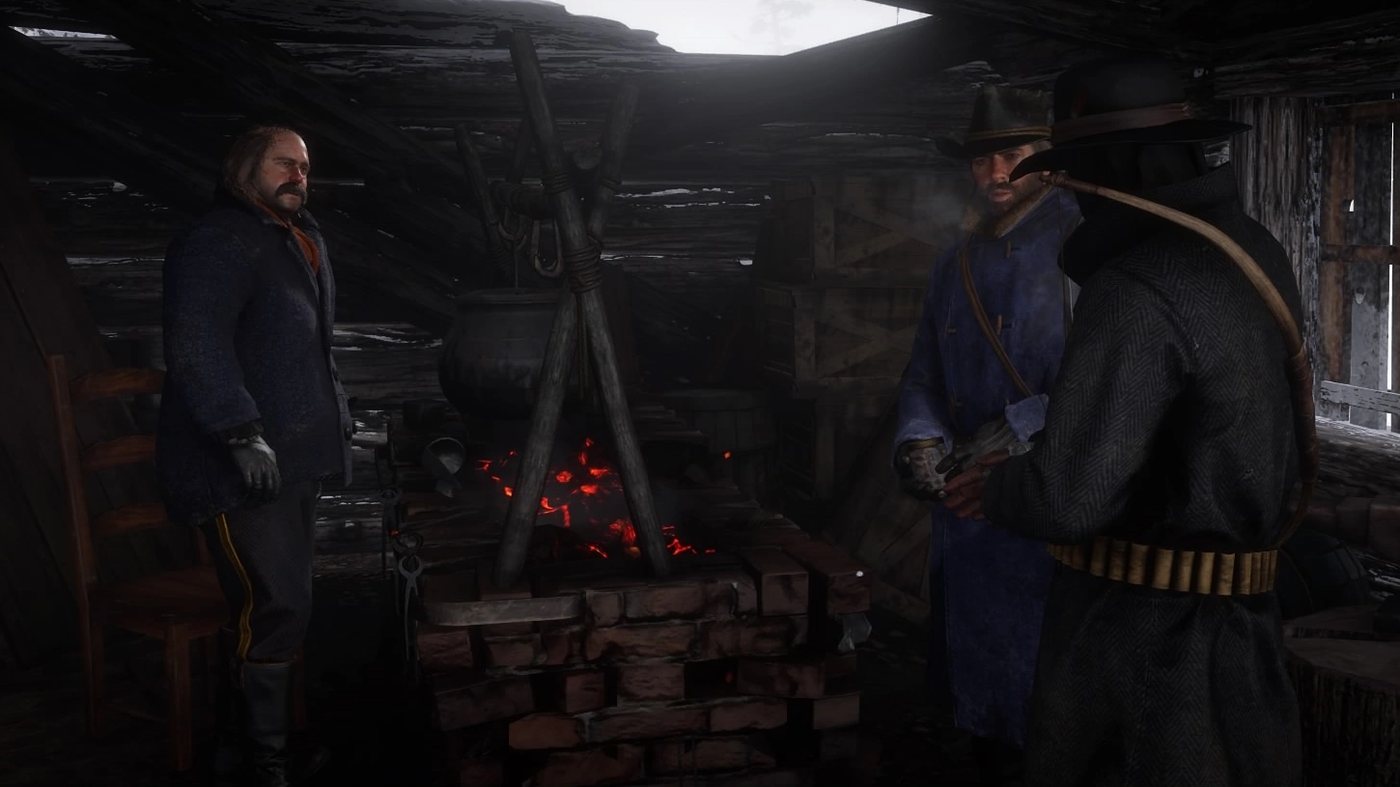 Pearson, Arthur and Charles in a dark cabin