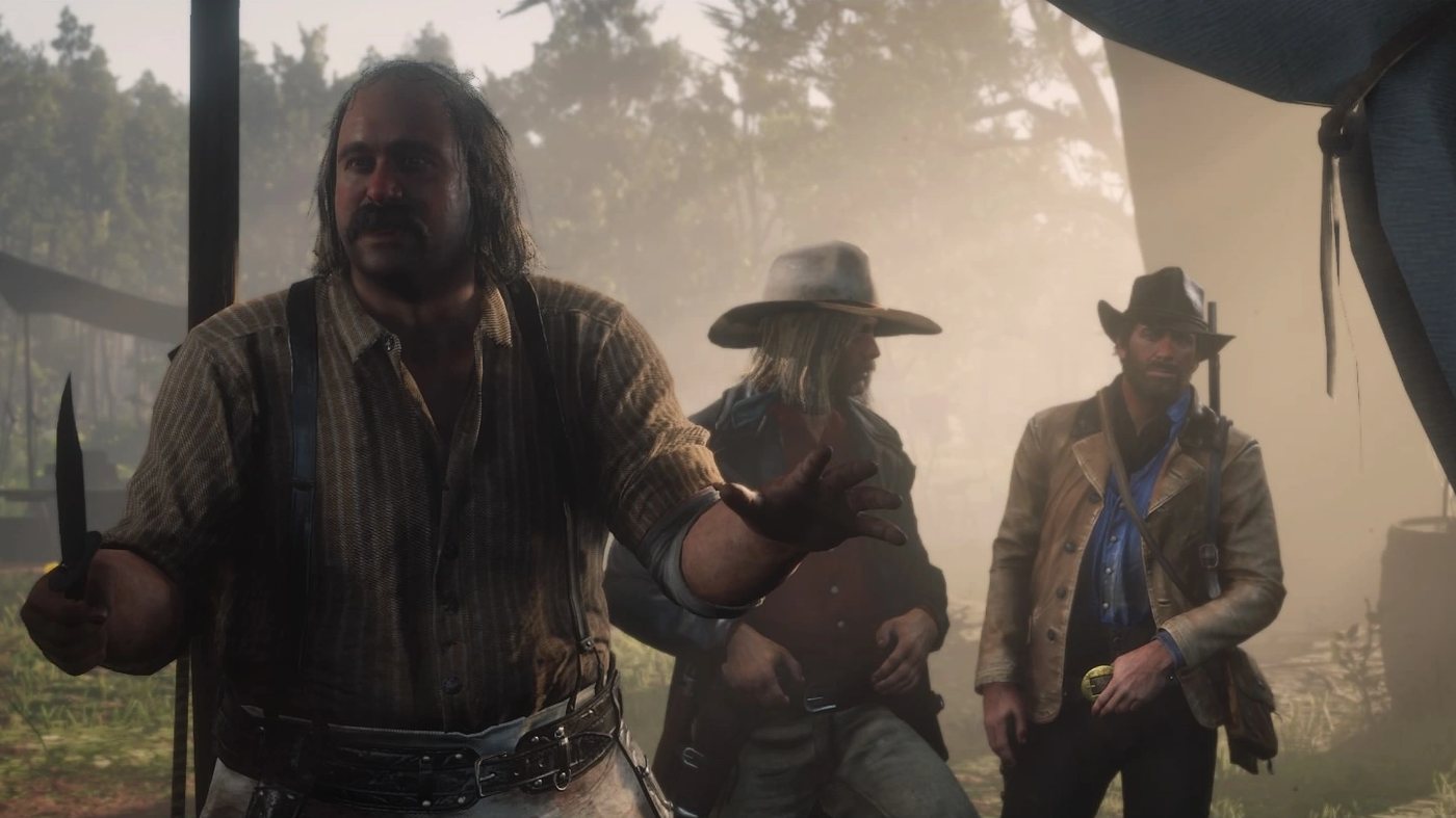 Pearson holding a knife, Micah and Arthur behind him