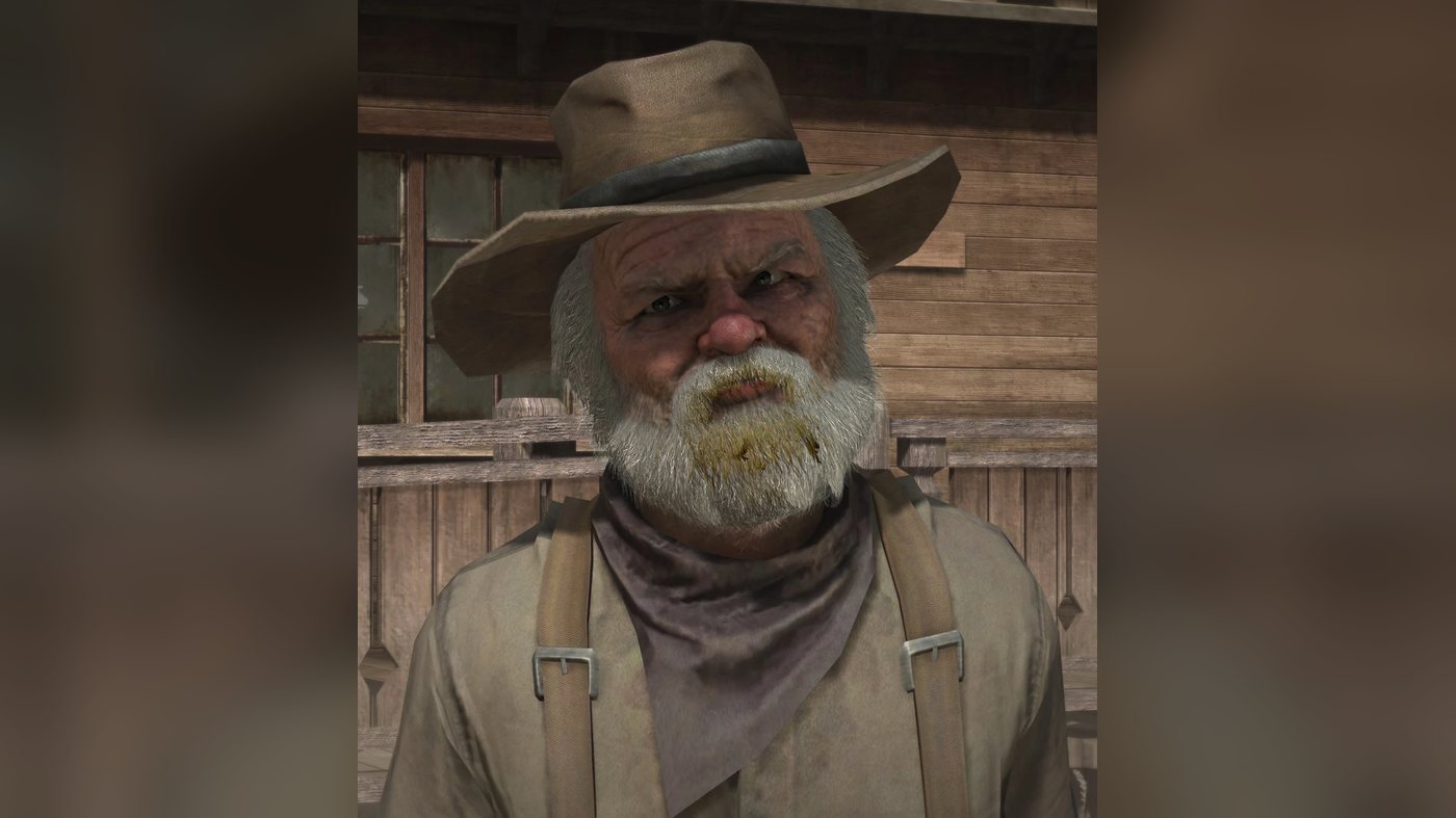 Close-up of an older Uncle in Red Dead Redemption