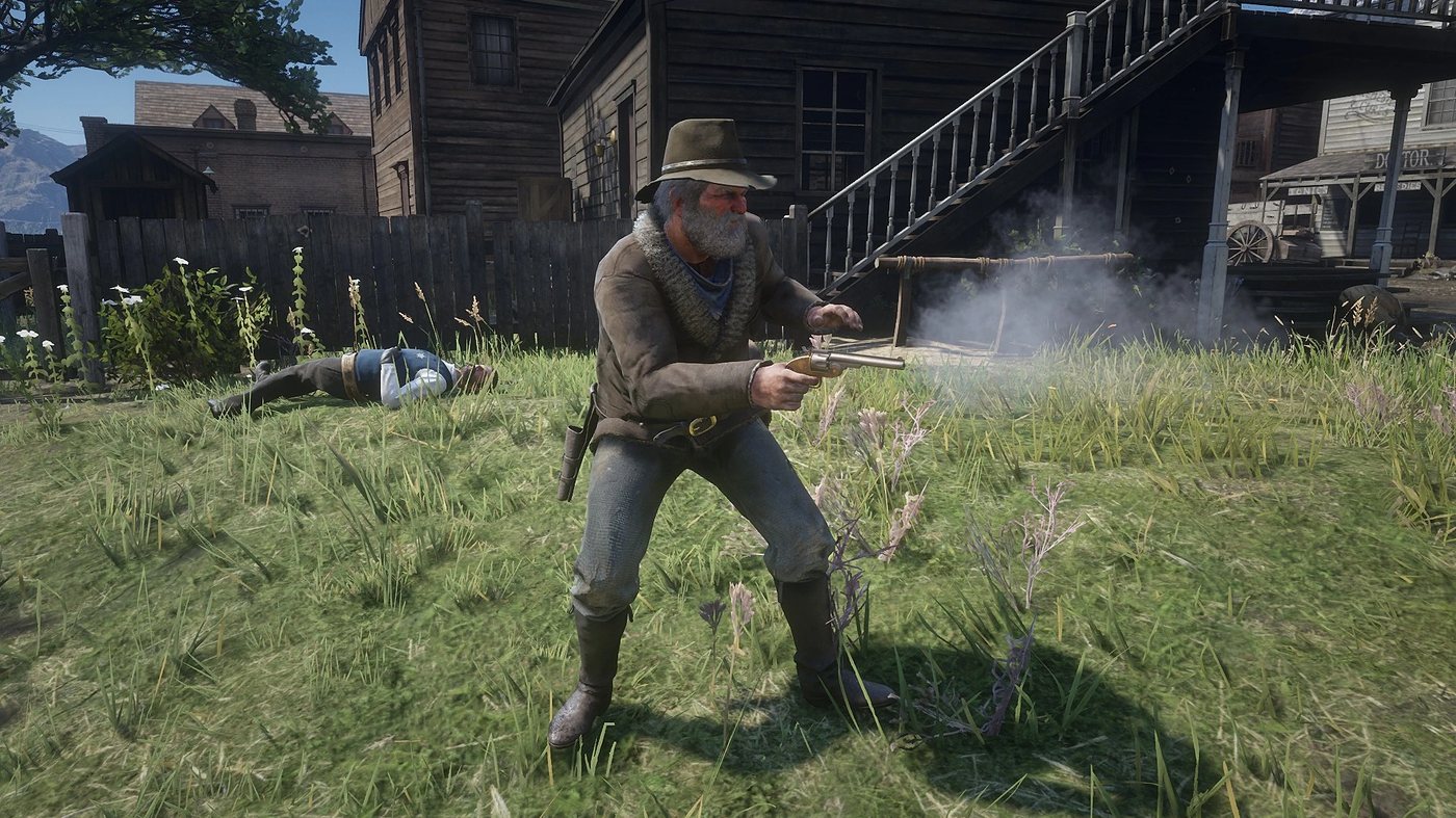 Uncle firing a revolver in a yard