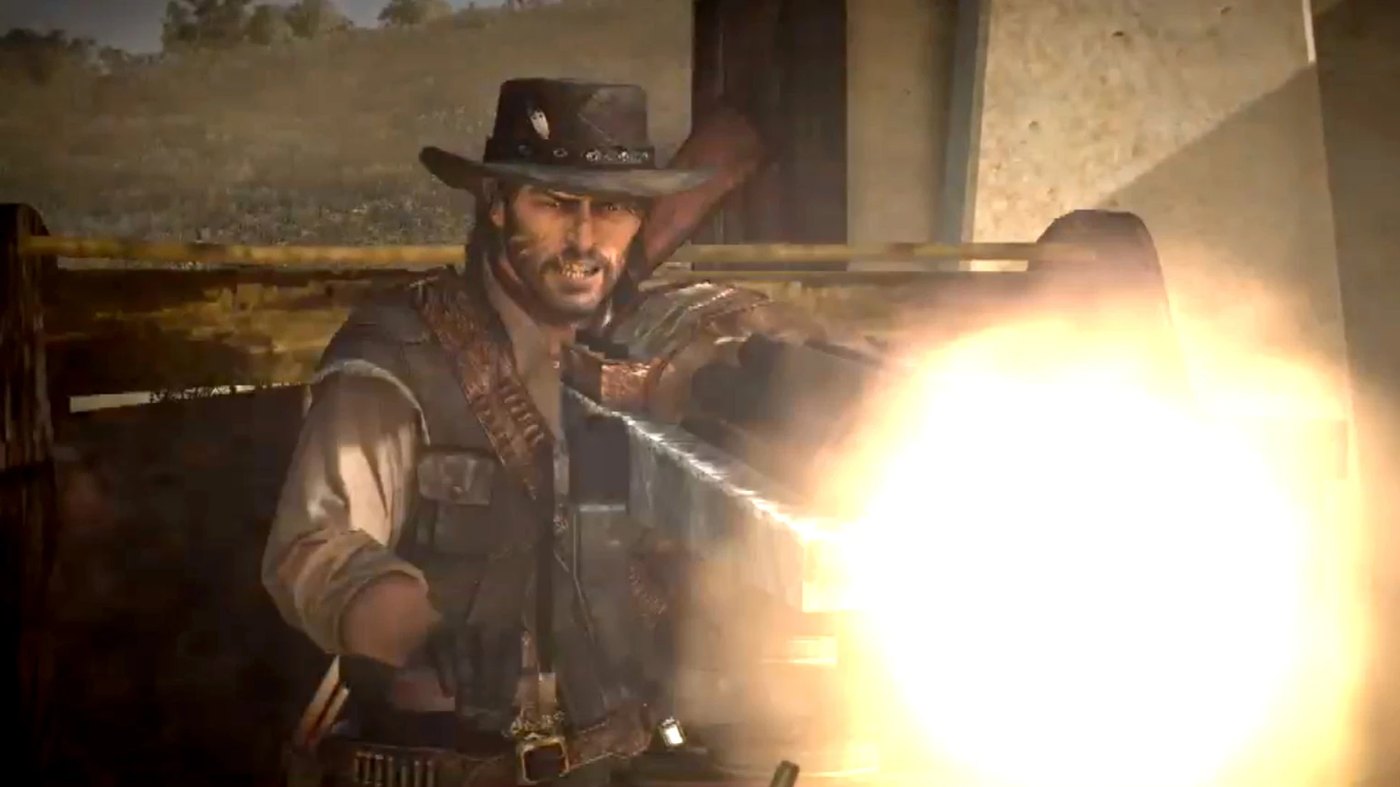 John Marston tirant à la mitrailleuse Gatling pendant l'assaut de Fort Mercer