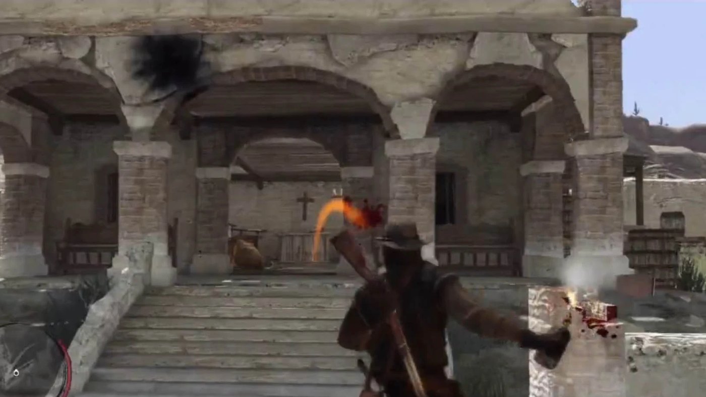 John Marston en pleine fusillade devant une église de mission mexicaine
