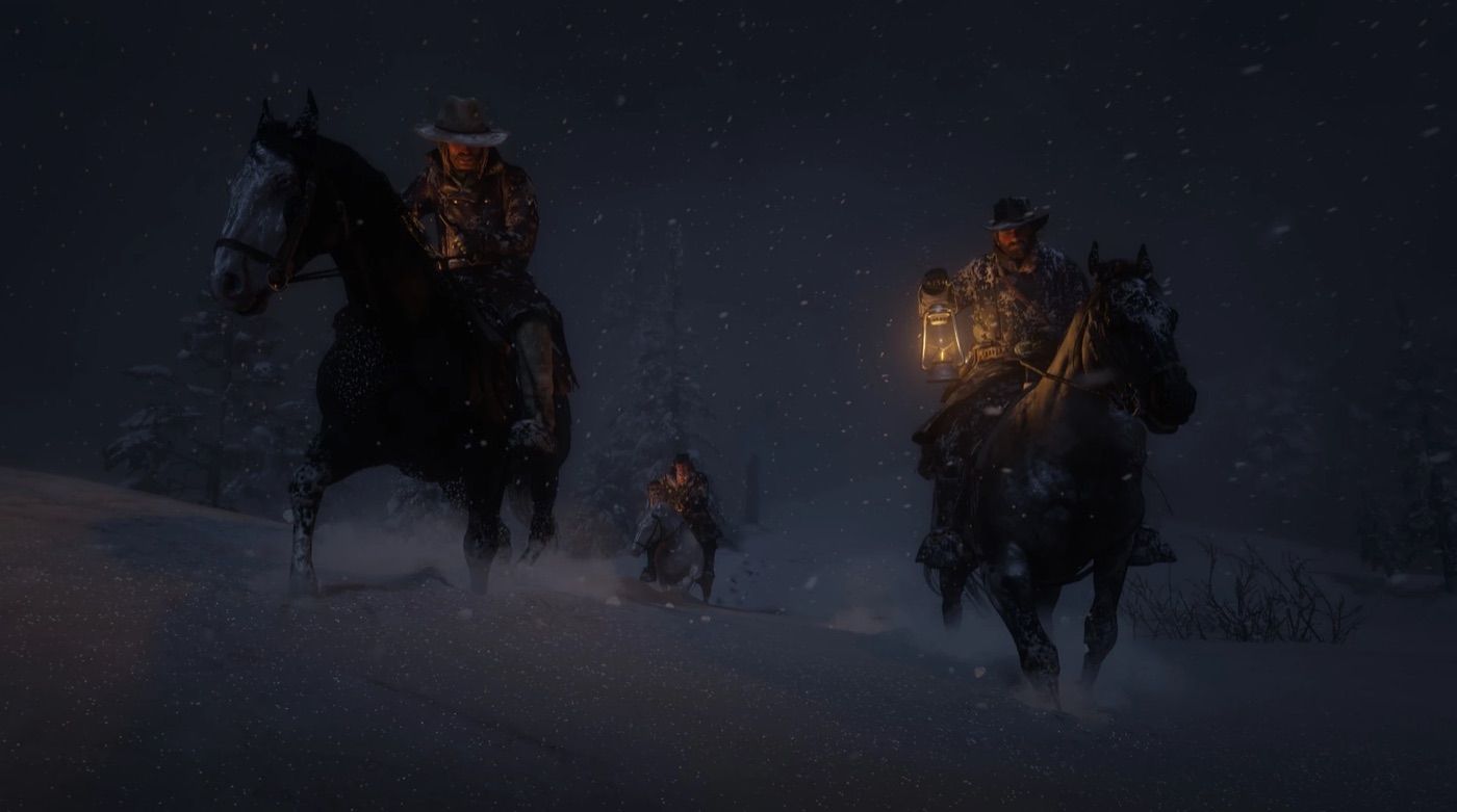 Arthur, Dutch and Micah scouting through the snow