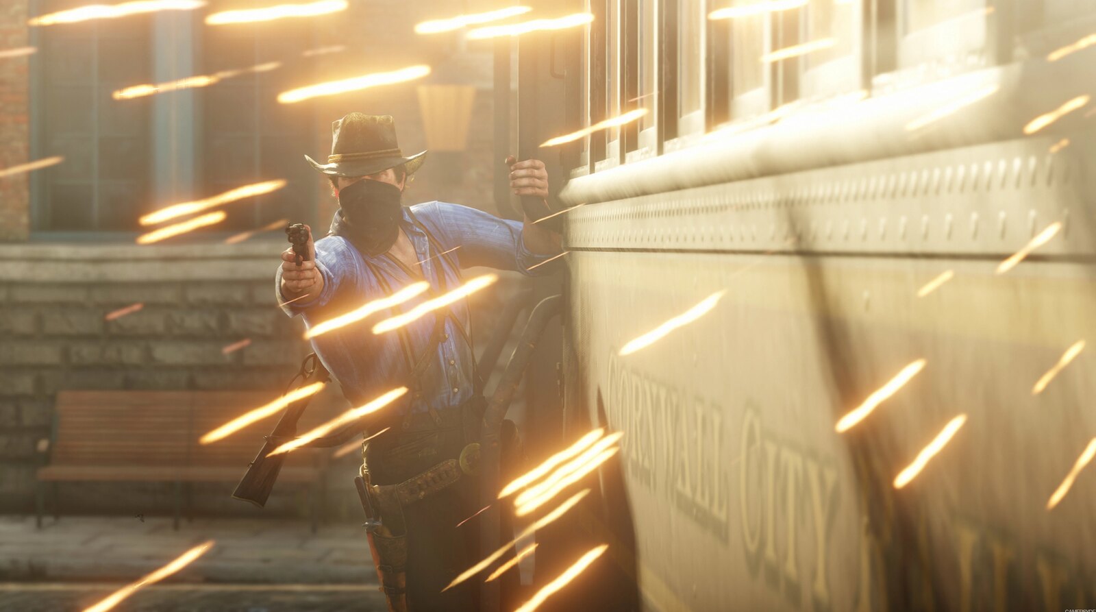 A gunfight beside a streetcar in the city of Saint Denis in Red Dead Redemption 2