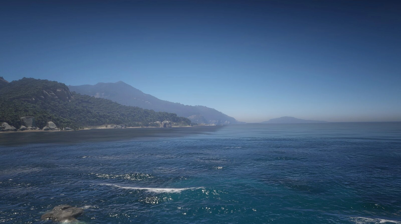 The tropical coastline of the island of Guarma in Red Dead Redemption 2