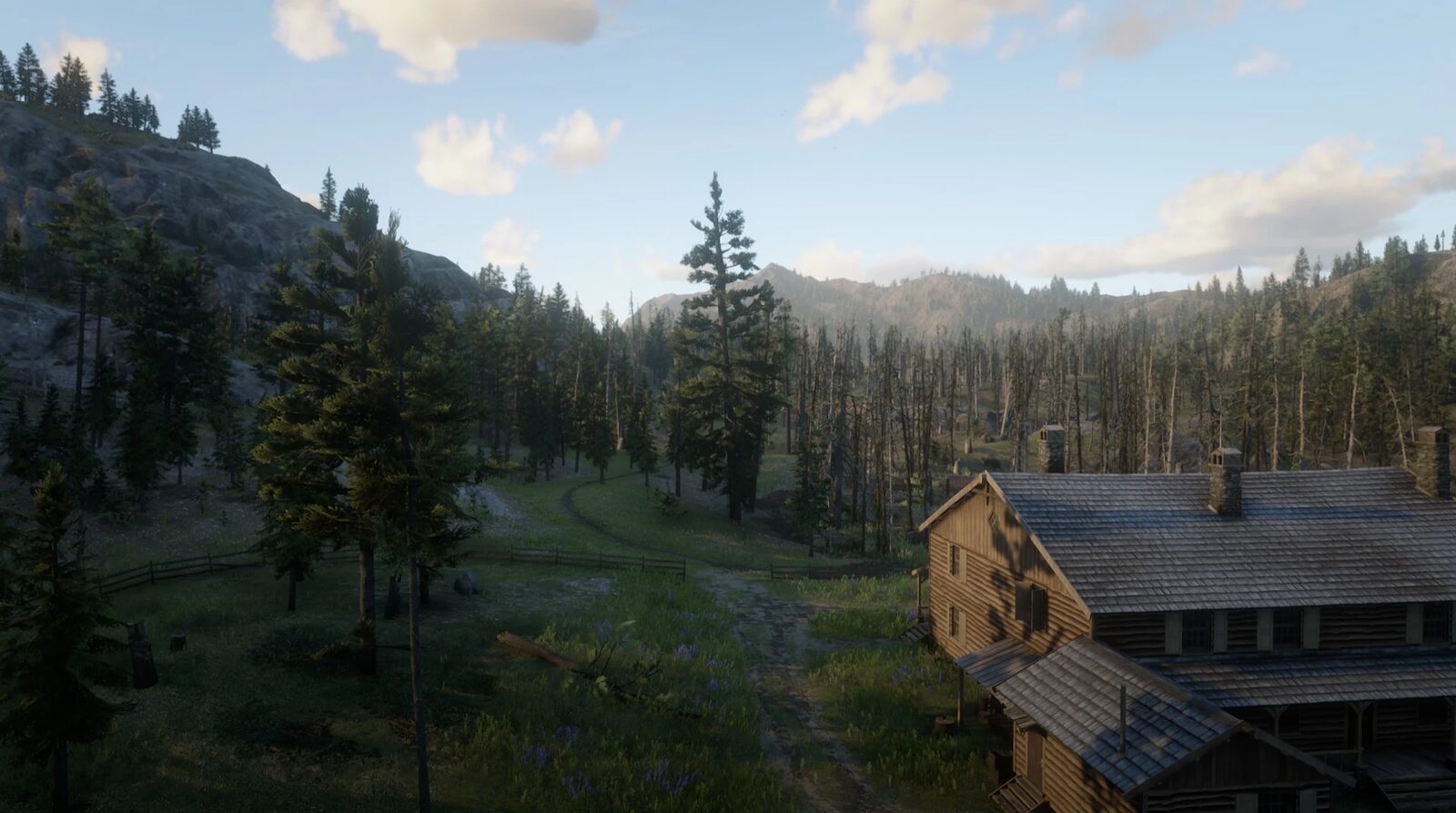 The green valley of Pronghorn Ranch in Big Valley, West Elizabeth, in Red Dead Redemption 2