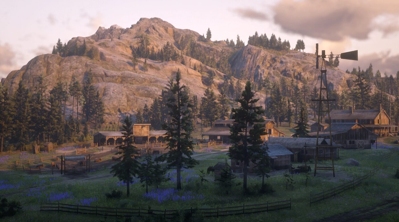 A view over Pronghorn Ranch from the hills in Red Dead Redemption 2