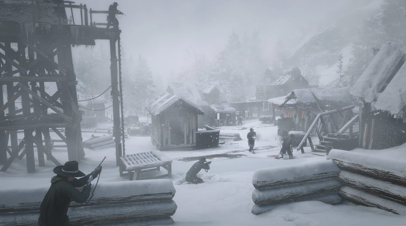 A gunfight in the snow at Mount Hagen in Red Dead Redemption 2
