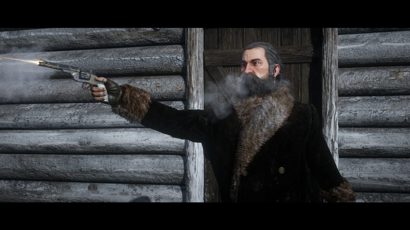 Dutch van der Linde firing his revolver at Mount Hagen in Red Dead Redemption 2